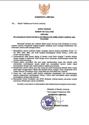 Imbas Abu Vulkanik Gunung Anak Krakatau, Gubernur Lampung Terbitkan SE Belajar Daring Selama 2 Hari